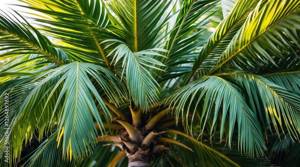 Lush green palm tree leaves against a blurred background with natural light and detailed texture Copy Space Lush green palm tree leaves against a blurred background with natural light and detailed texture Copy Space