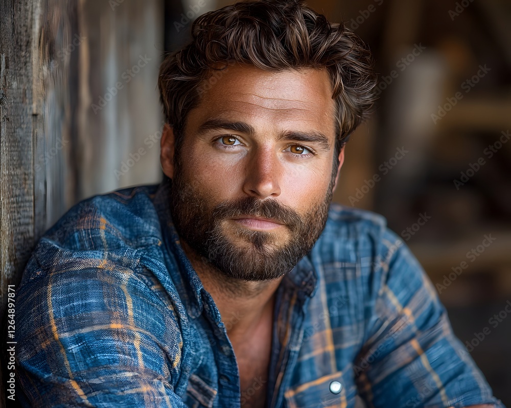 Fototapeta premium Rugged and Contemplative Portrait of a Handsome Man in a Rustic Cabin Setting