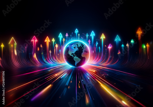 Illuminated globe surrounded by vibrant upward arrows on a dark backdrop, symbolizing global growth and futuristic tech.