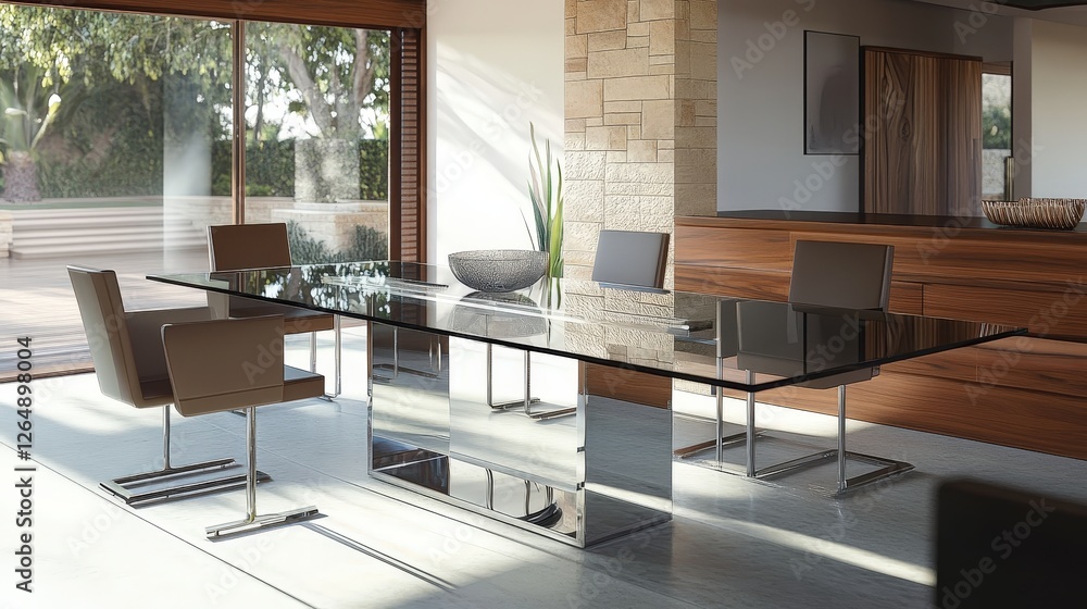 A modern glass dining table with a sleek metal base, surrounded by minimalist chairs. A modern glass dining table with a sleek metal base, surrounded by minimalist chairs.