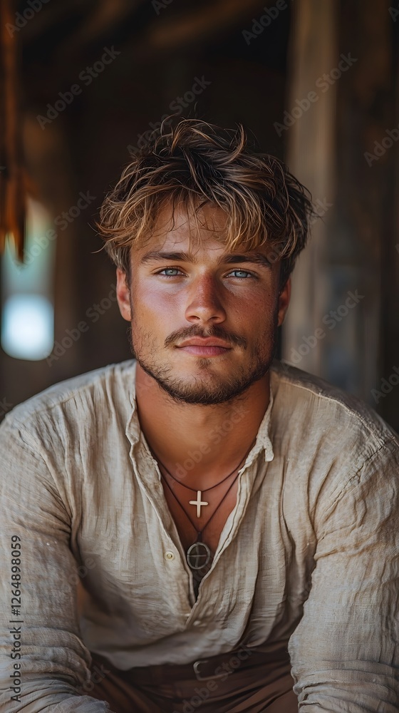 Fototapeta premium Serene Beach Portrait of Thoughtful Mature Man in Linen Shirt