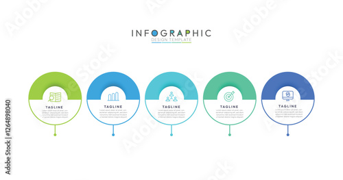 5 Steps Circle Process Infographic each step is contained within a complete circle or ring. This reinforces the idea of cycle and provides a clear visual structure. Modern infographic design template