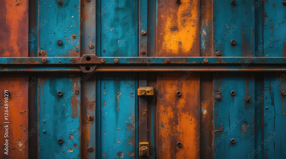 Rusty metal surface with blue and orange paint peeling, industrial texture, distressed background with bolts, Copy Space Rusty metal surface with blue and orange paint peeling, industrial texture, distressed background with bolts, Copy Space