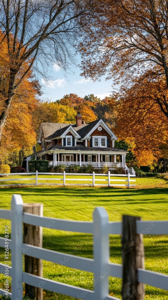 Luxury country house with white fence and green lawn during autumn Luxury country house with white fence and green lawn during autumn