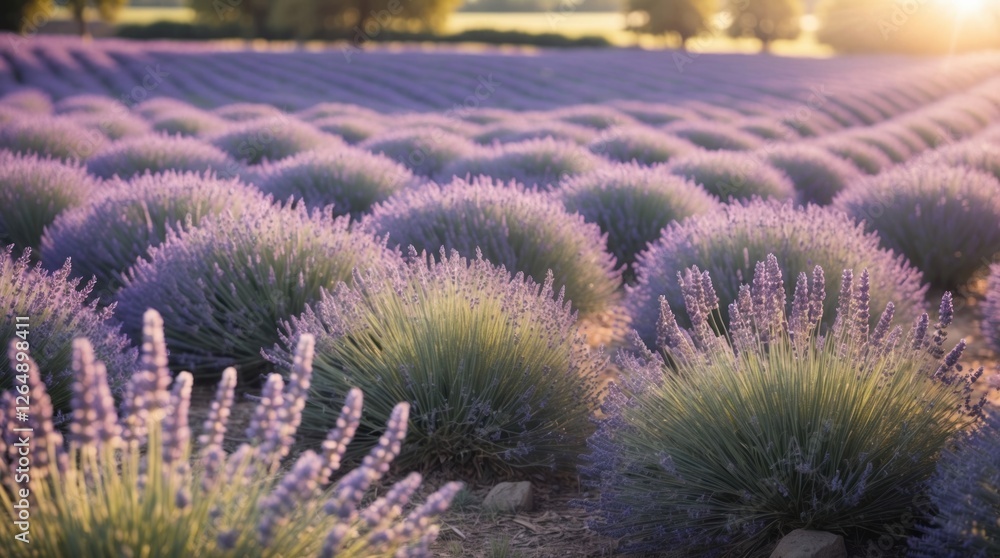 Obraz premium Lavender field in full bloom with vibrant purple flowers and green foliage under soft sunlight during golden hour Copy Space