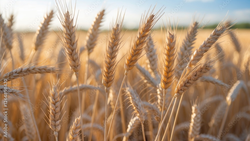 Wheat field close-up with ripe golden ears of grain against a blue sky and clouds, agriculture theme with copy space Wheat field close-up with ripe golden ears of grain against a blue sky and clouds, agriculture theme with copy space