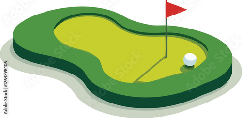 Isometric Golf Course Illustration with Flag and Golf Ball