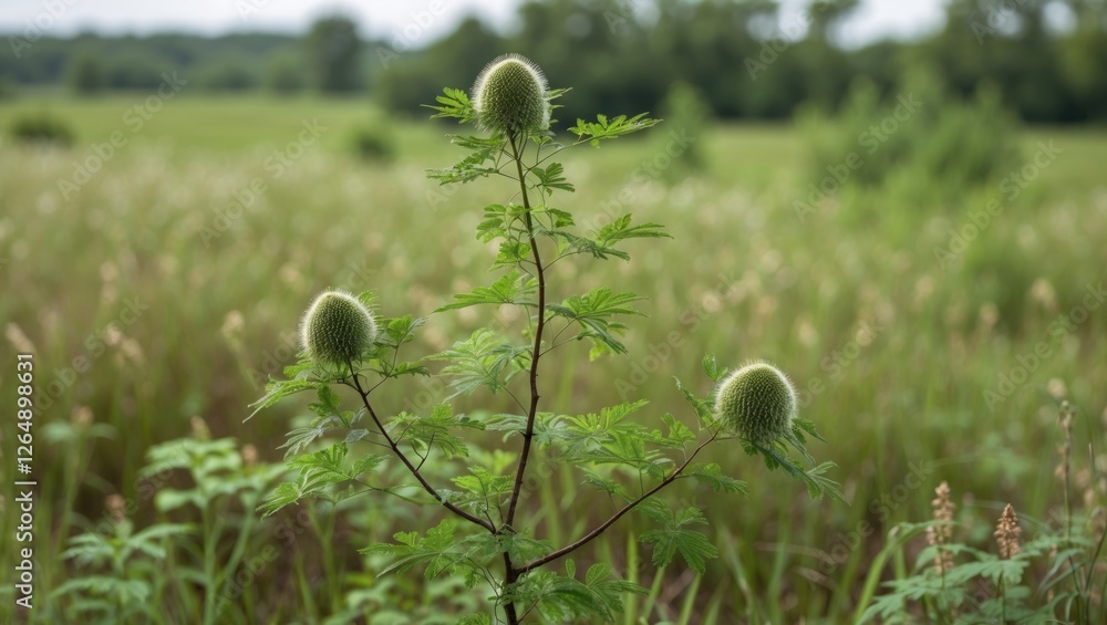 Green plant with spiky seed pods in a grassy field under natural light with a blurred background and ample copy space. Green plant with spiky seed pods in a grassy field under natural light with a blurred background and ample copy space.