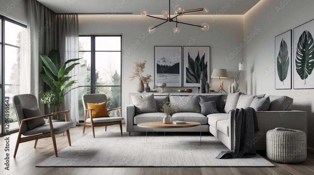 Simple yet stylish Scandinavian living room with neutral gray couch designed to provide a minimalist and functional space Modern Interior Design Inspiration Simple yet stylish Scandinavian living room with neutral gray couch designed to provide a minimalist and functional space Modern Interior Design Inspiration