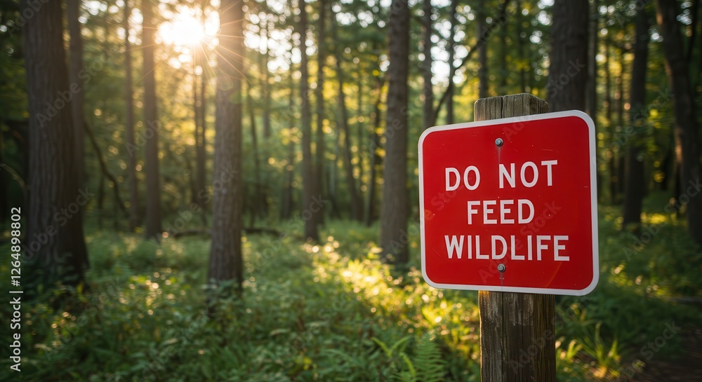 Do Not Feed Wildlife Sign in Forest with Sunlight Streaming Through Trees Do Not Feed Wildlife Sign in Forest with Sunlight Streaming Through Trees
