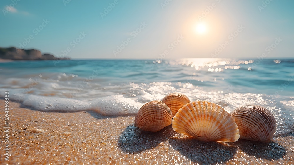 Picturesque Golden Beach Lined with Seashells and Gentle Waves Under Midday Sun Coastal Charm Background Picturesque Golden Beach Lined with Seashells and Gentle Waves Under Midday Sun Coastal Charm Background