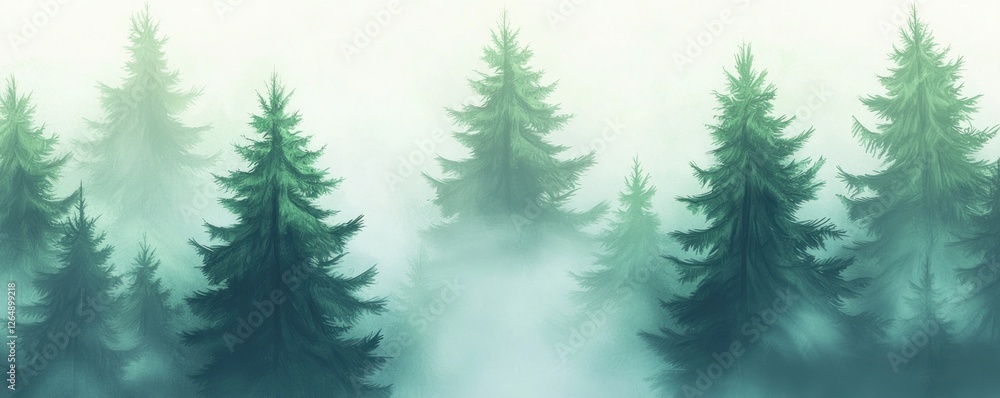 Obraz premium Misty Forest Landscape with Pine Trees and Fog in Soft Green Hues for Nature and Outdoor Themes