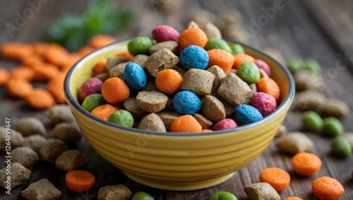 Colorful dry pet food in a yellow bowl surrounded by scattered pieces on a wooden surface with green leaves in the background Copy Space photo