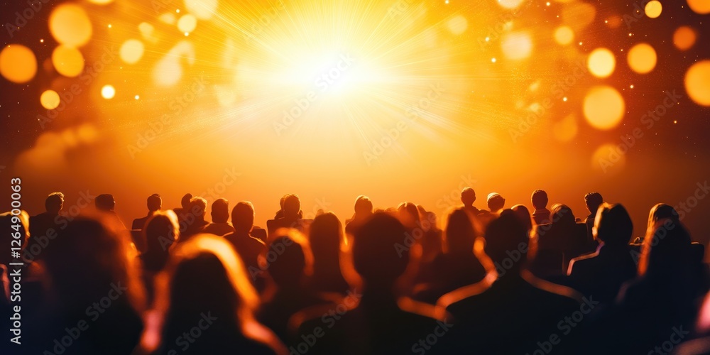 Abstract theater scene with audience and cashier in golden light atmosphere for event design Abstract theater scene with audience and cashier in golden light atmosphere for event design