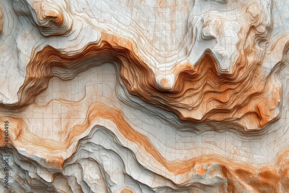 topographic elevation map with intricate contour lines in earth tones, featuring detailed terrain patterns and grid overlay