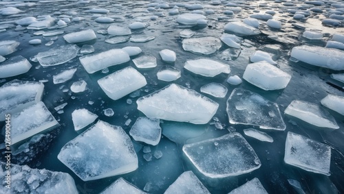 Ice floes floating on a calm ocean surface showcasing various shapes and sizes with natural light reflecting off the water Copy Space photo