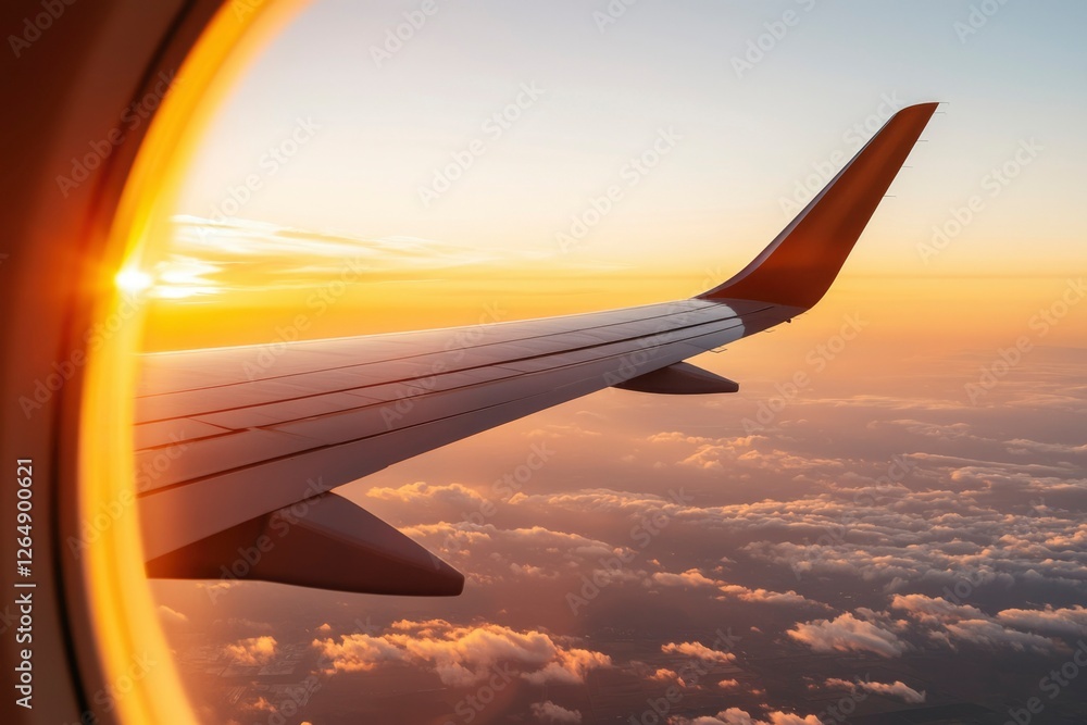 Obraz premium Airplane wing above clouds at sunset seen through window for travel promotion