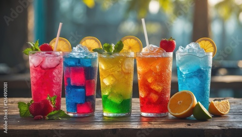 Colorful assortment of refreshing summer cocktails with fruits and ice on wooden table with natural background Copy Space photo