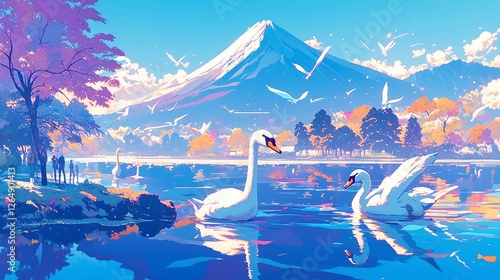 City Pop Elegance, vibrant city pop-inspired illustration featuring graceful white swans gliding on a serene autumn lake, bold outlines, geometric design, cool neon colors. photo