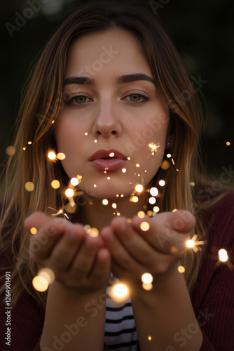 A woman blowing glitter into the air, surrounded by sparkles