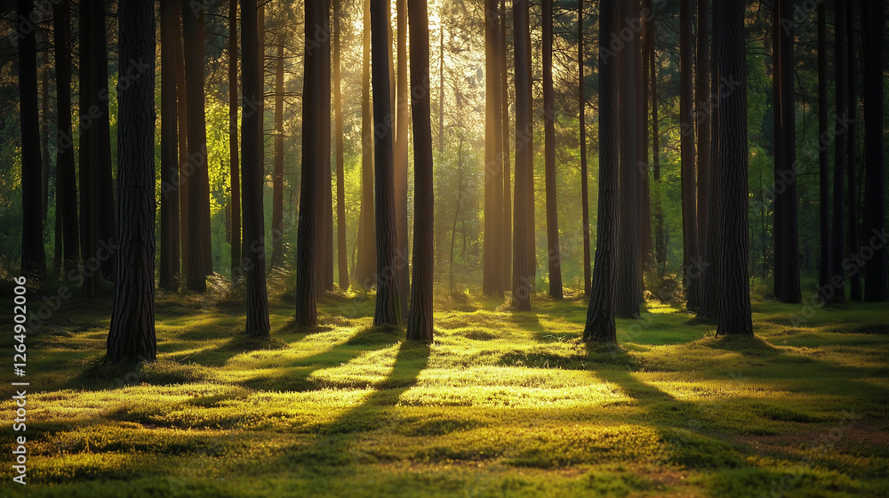 A forest with trees and grass. The sun is shining through the trees, creating a beautiful and peaceful atmosphere A forest with trees and grass. The sun is shining through the trees, creating a beautiful and peaceful atmosphere
