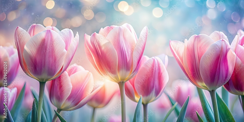 Fototapeta premium Double Exposure Pink Tulips Soft Light AI Art