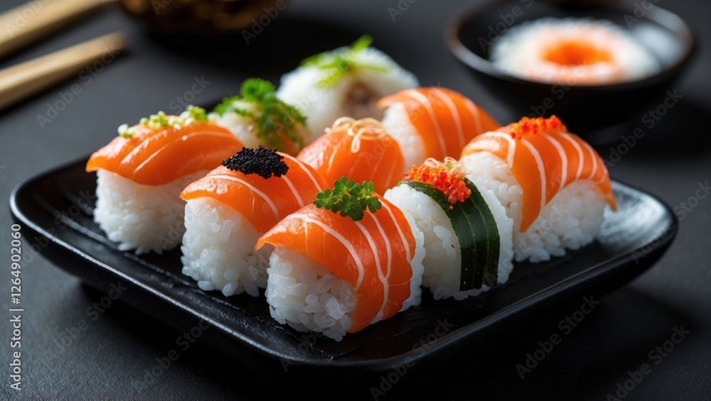 Sushi platter featuring assorted nigiri with salmon and garnishes served on a black plate with chopsticks and a bowl of sauce in the background Copy Space Sushi platter featuring assorted nigiri with salmon and garnishes served on a black plate with chopsticks and a bowl of sauce in the background Copy Space