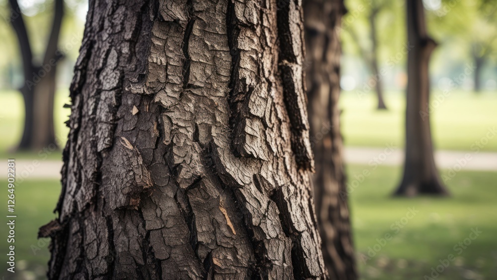 Detailed close-up of tree bark texture with background of blurred green park landscape suitable for nature and environmental themes. Copy Space Detailed close-up of tree bark texture with background of blurred green park landscape suitable for nature and environmental themes. Copy Space