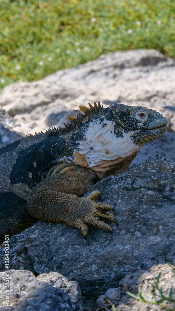 Vertical image of Side profile of an adult yellow land iguana, iguana terrestre on a rock at South Plaza Island, Galapagos, Ecuador Vertical image of Side profile of an adult yellow land iguana, iguana terrestre on a rock at South Plaza Island, Galapagos, Ecuador