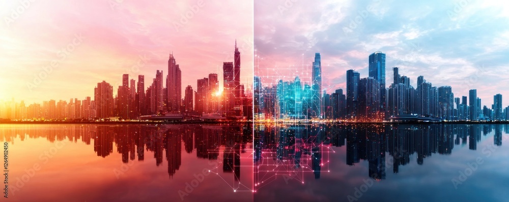 Fototapeta premium Cityscape at Sunset with Reflection and Digital Elements Representing Technology in Urban Environment