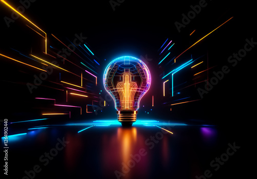 A bright lightbulb stands out against a dark backdrop, illuminated by vibrant neon lines. Abstract digital art with a futuristic vibe.