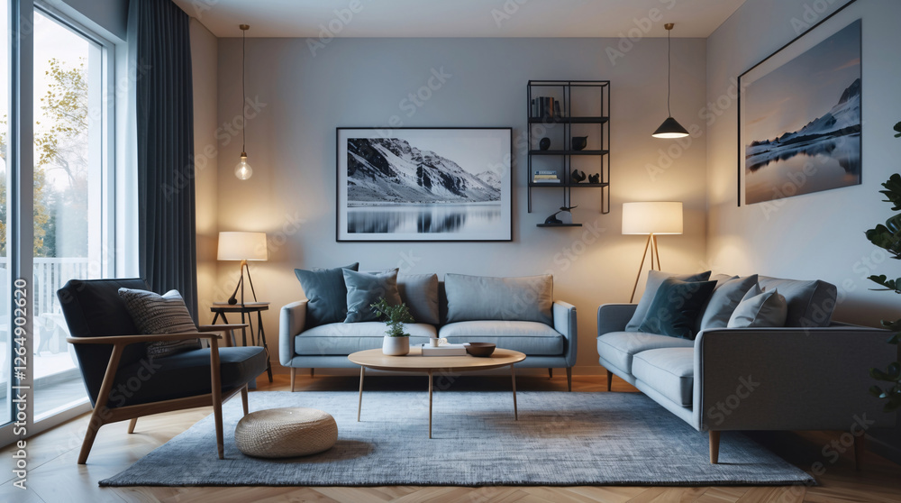 Fototapeta premium Tranquil Scandinavian living room design with a neutral gray couch and minimalist style offering a serene welcoming home environment Modern Interior Design Inspiration