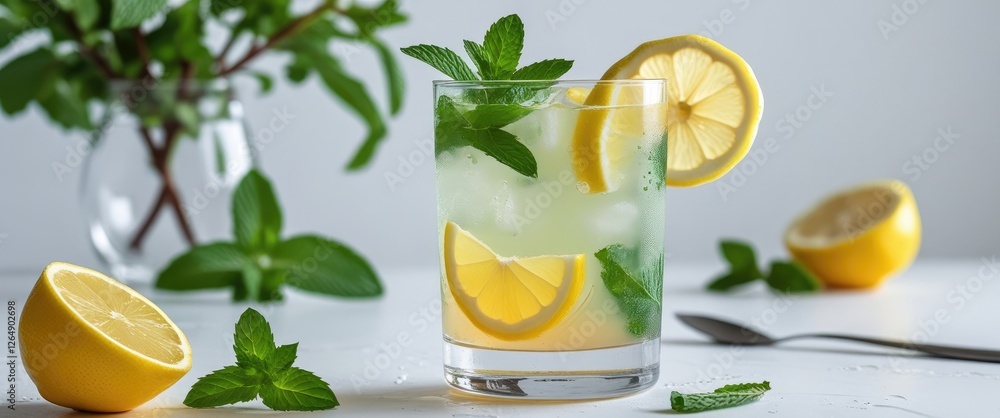 Fototapeta premium Fresh citrus lemonade cocktail with mint leaves and lemon slices garnishing served in a glass on a white background with copy space