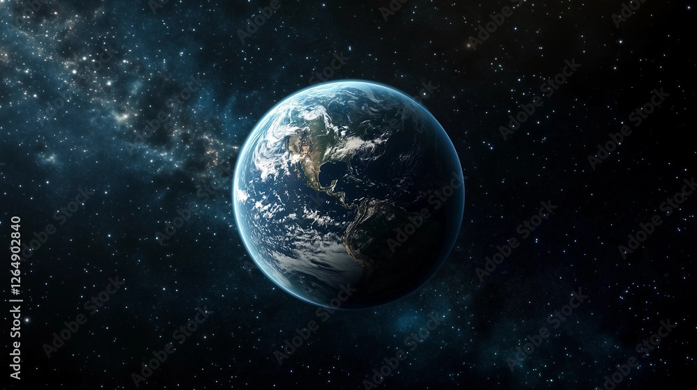 Obraz premium A large planet in the middle of the night sky. The planet is surrounded by a lot of stars and the sky is dark