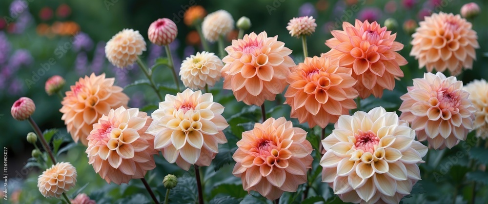 Dahlia flowers in various shades of peach and cream blooming in a garden setting with blurred background and ample copy space Dahlia flowers in various shades of peach and cream blooming in a garden setting with blurred background and ample copy space