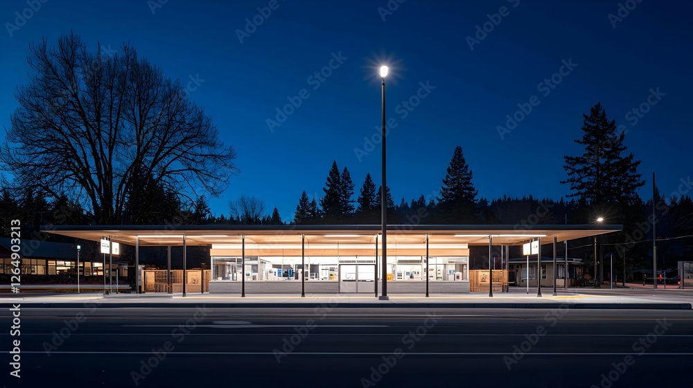 Modern Illuminated Bus Station at Night Modern Illuminated Bus Station at Night