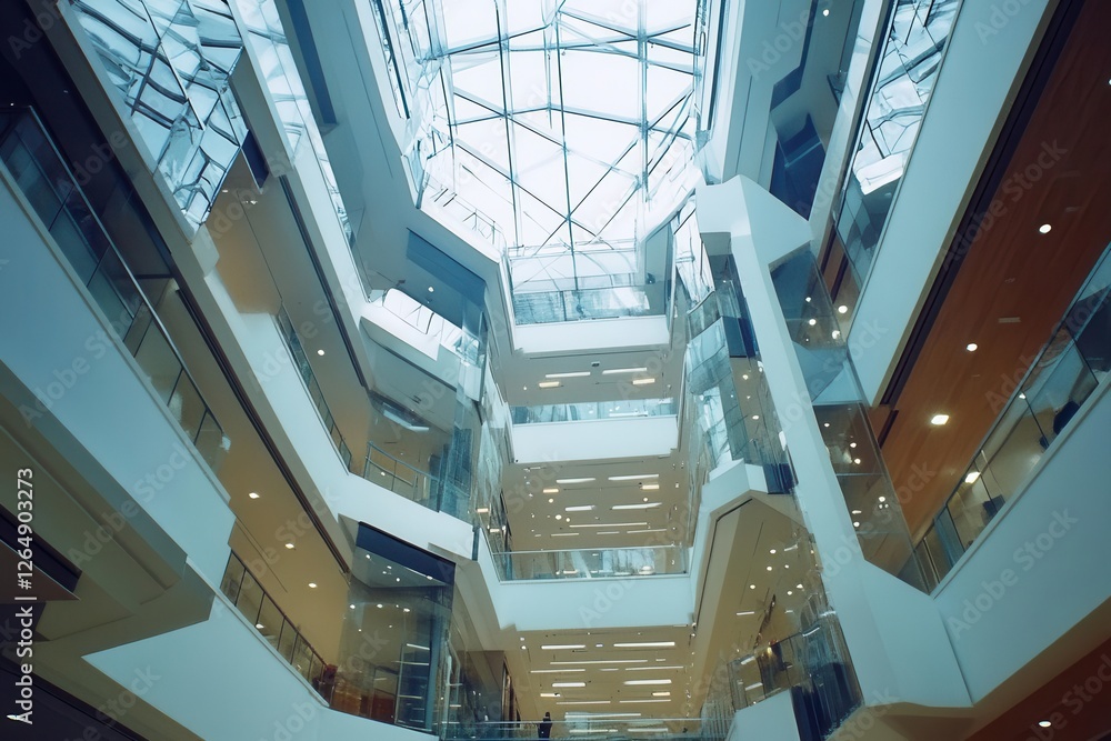 Fototapeta premium vast atrium with flowing geometric architecture, multi-level retail spaces connected by glass elevators, bathed in natural skylight