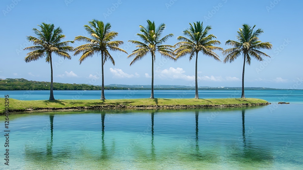 Five Palm Trees Reflecting in Tranquil Turquoise Waters Five Palm Trees Reflecting in Tranquil Turquoise Waters