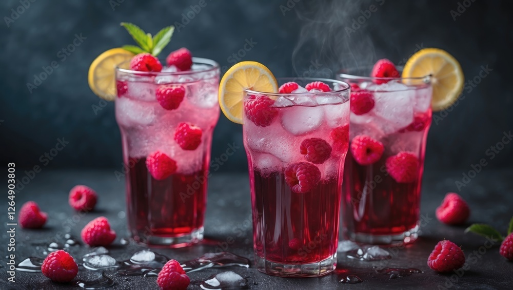 Refreshing raspberry lemonade cocktails in glassware with ice and lemon garnishes against a dark background with copy space Refreshing raspberry lemonade cocktails in glassware with ice and lemon garnishes against a dark background with copy space