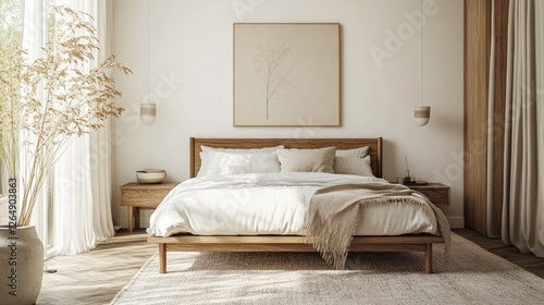 Cozy yet modern bedroom with a classic wooden bed, pastel linens, and a peaceful minimalist decor
