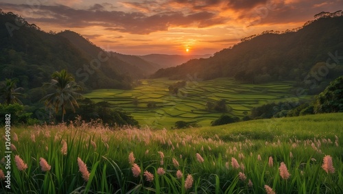 Fototapeta Naklejka Na Ścianę i Meble -  Sunset over lush green rice terraces with pink flowers in the foreground and mountains in the background Copy Space