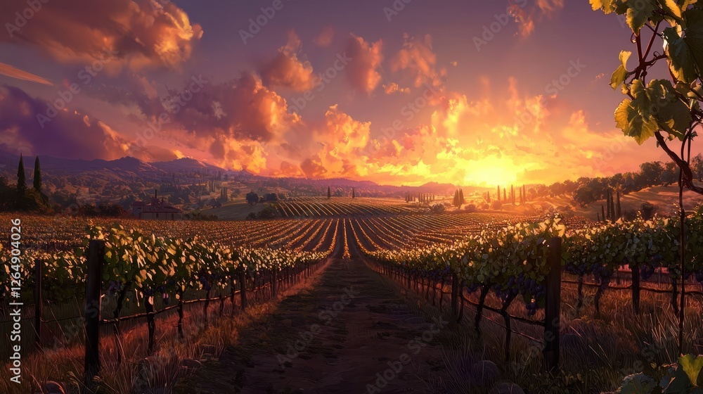 Fototapeta premium Vineyard sunset landscape.