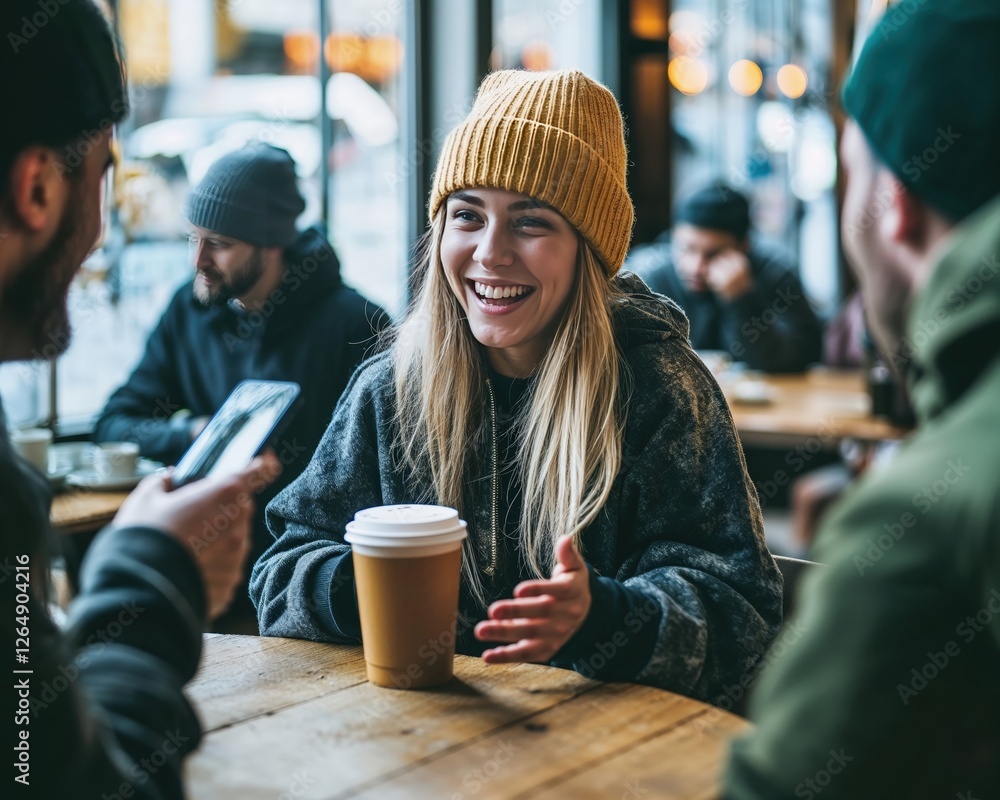 Generative AI, Enjoying Warm Coffee with Friends in a Cozy Winter Cafe Generative AI, Enjoying Warm Coffee with Friends in a Cozy Winter Cafe