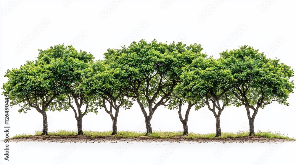 Lush green trees row, white background, nature, landscaping design Lush green trees row, white background, nature, landscaping design