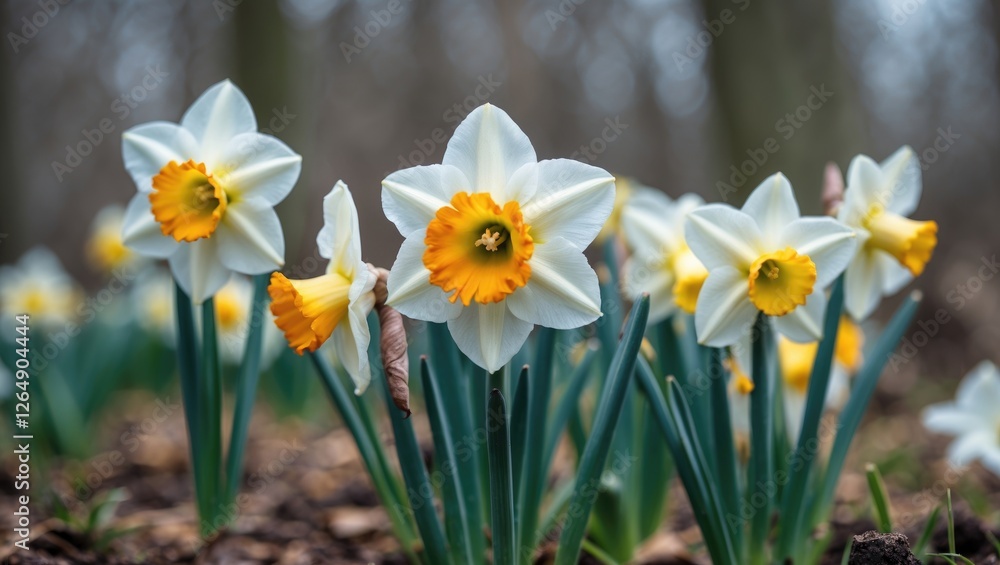 Close-up view of blooming daffodils in a garden setting with blurred background and soft natural lighting Copy Space Close-up view of blooming daffodils in a garden setting with blurred background and soft natural lighting Copy Space
