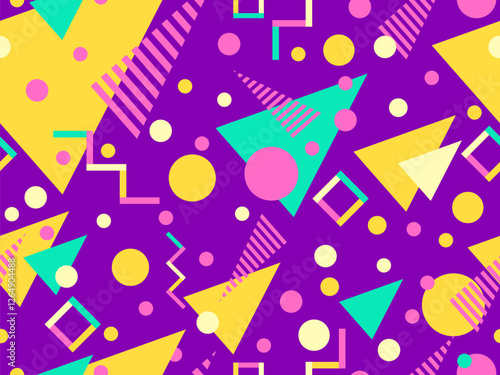 Geometric seamless pattern with memphis elements in 80s style. Colorful geometric pattern. Design of promotional products, wrapping paper and printing. Vector illustration