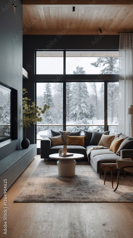 Fototapeta premium Comfortable Scandinavian living room featuring neutral gray couch minimalist design and modern decor for a functional space Modern Interior Design Inspiration