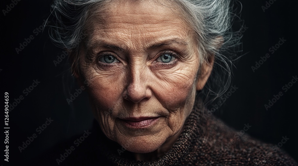 Obraz premium Close-up portrait of a senior woman with wrinkles and grey hair, looking directly at the camera.