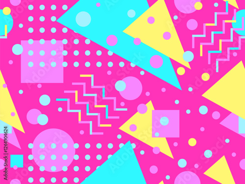 Geometric seamless pattern with memphis elements in 80s style. Colorful geometric pattern. Design of promotional products, wrapping paper and printing. Vector illustration