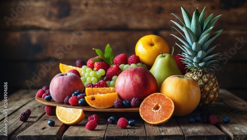 Fototapeta Naklejka Na Ścianę i Meble -  Fresh assorted fruits including apples, oranges, grapes, raspberries, and pineapple on wooden table with rustic background and copy space